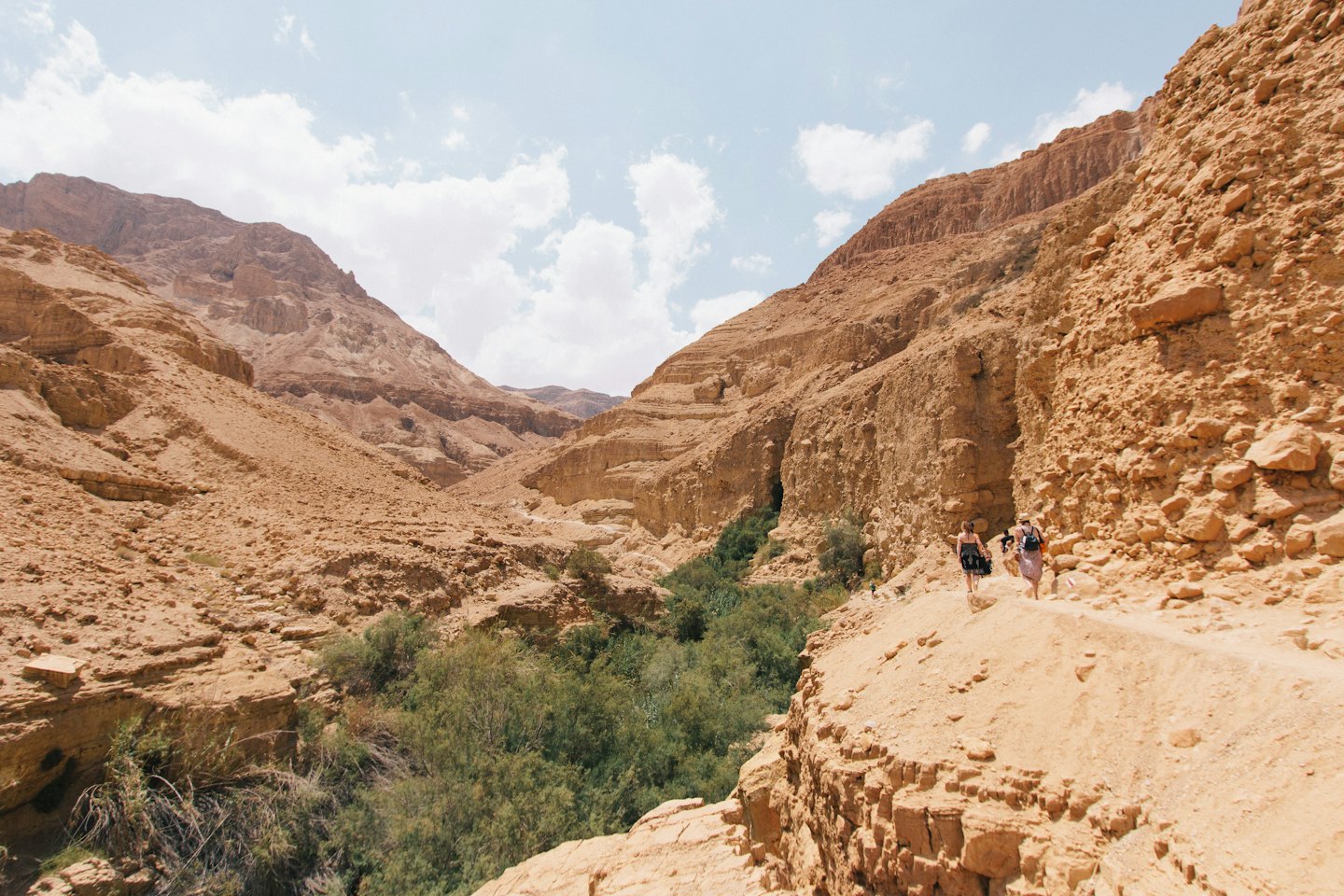 Hikers walk a dusty trail in a red desert canyon.