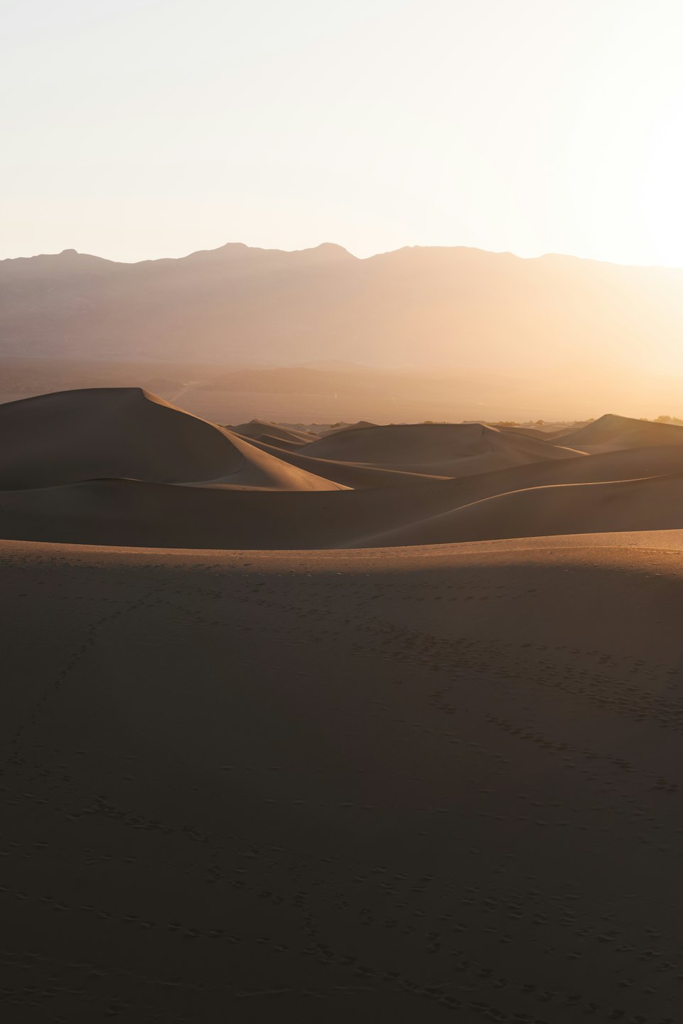 Desert sand dunes with faint footprints at golden hour.